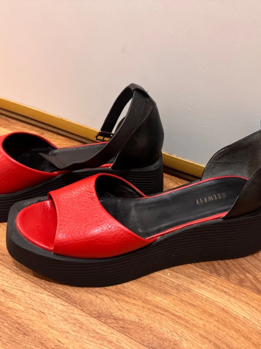 BELWEST Red & Black Leather Wedge Sandals – Women’s